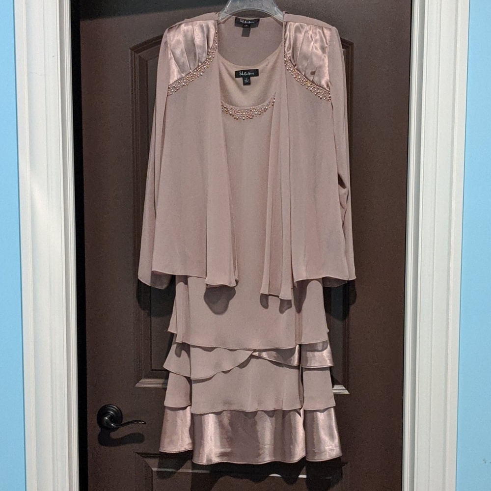 Taupe beaded midi dress with jacket chiffon satin